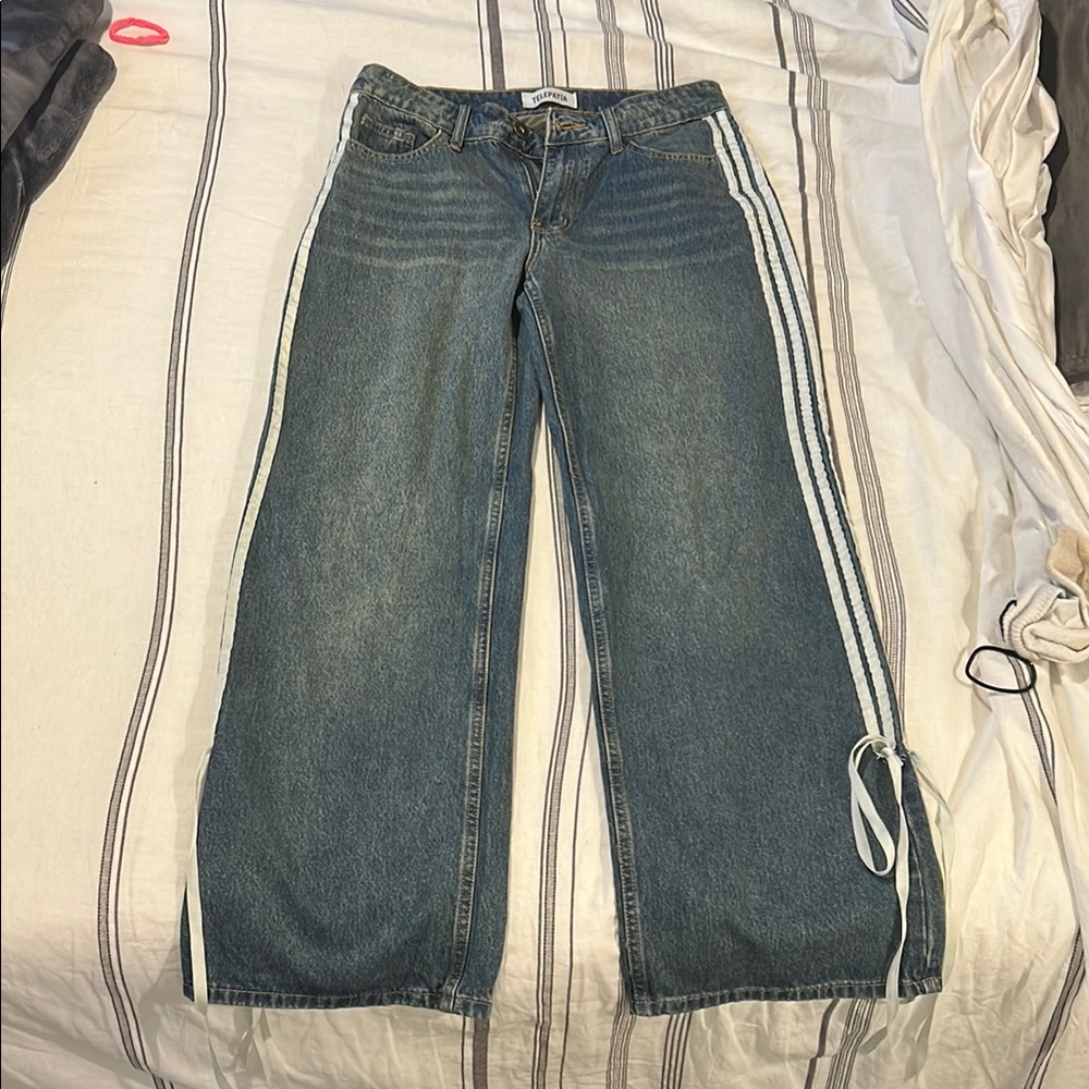 Blue Denim Jeans with White Stripes